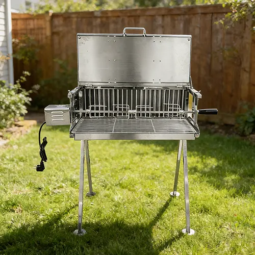 Asador giratorio de acero inoxidable con doble asador vertical para barbacoa