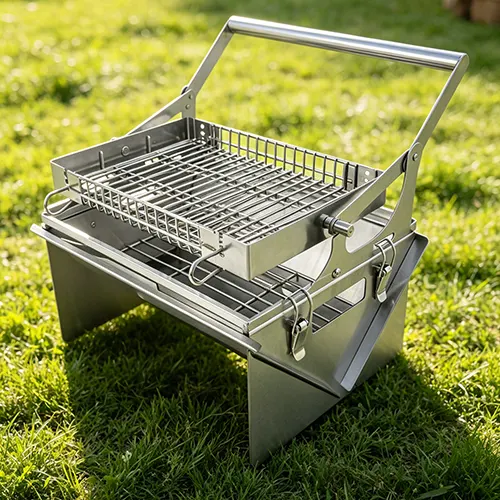 Parrilla de barbacoa giratoria para acampar La parrilla superior para barbacoa puede girar 360° mediante el mango, sartén de carbón con patas plegables