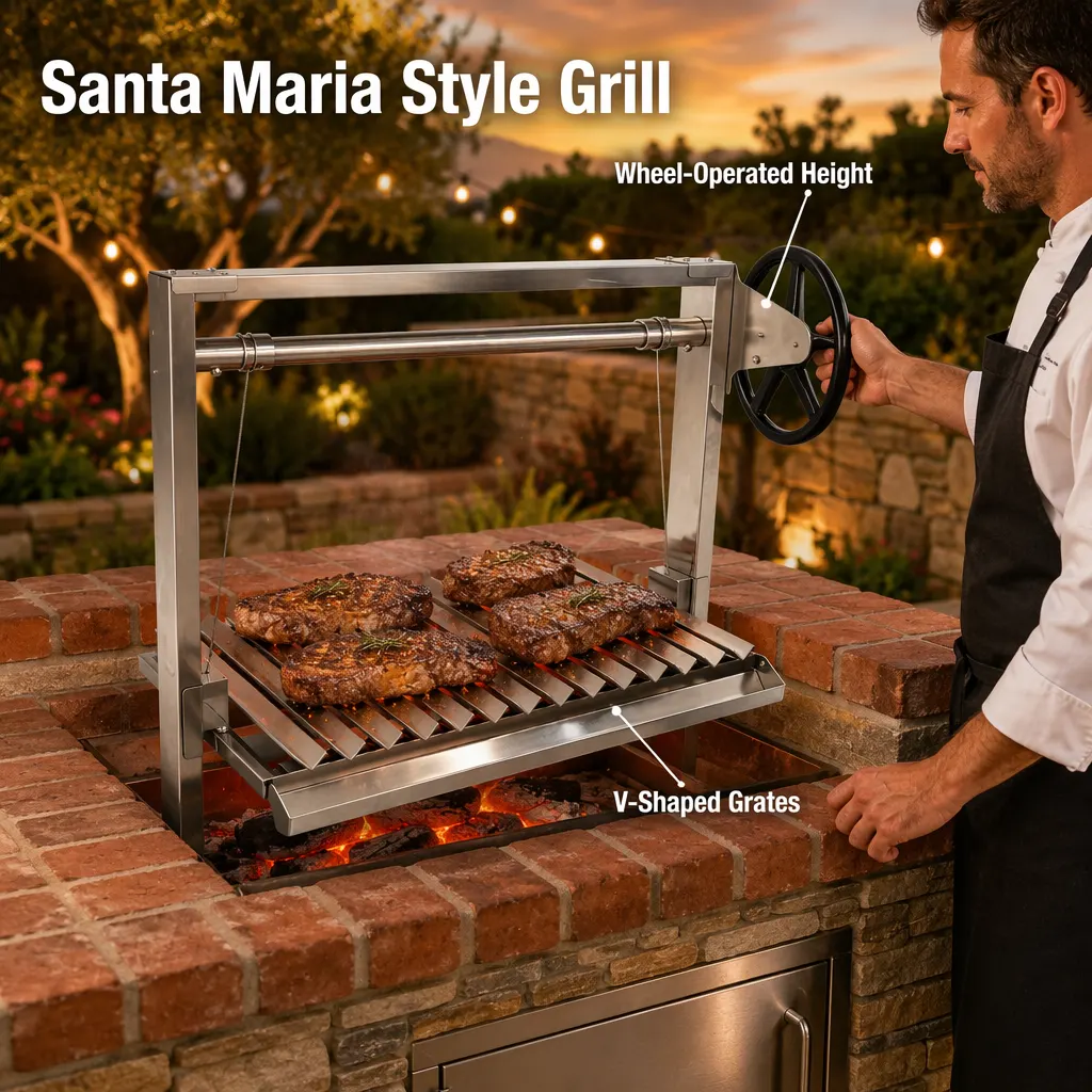 Parrilla de asado de acero inoxidable con fuego de leña empotrado Parrilla argentina Santa María con sistema de asador